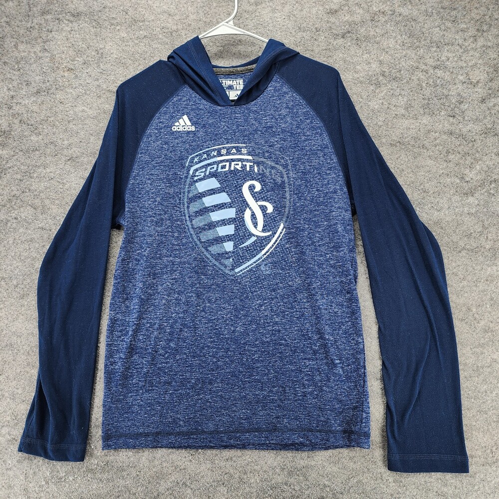 Sporting Kansas City Shirt Mens Medium Adidas Hooded Blue MLS Long Sleeve